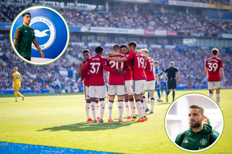 Manchester United players celebrate Diogo Dalot's goal vs Brighton, Lisandro Martinez walks past the Brighton flag and Luke Shaw is pictured in a t...