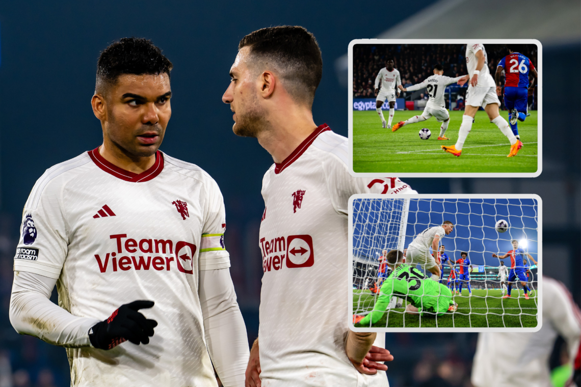 Casemiro and Diogo Dalot talk. Inset, Antony takes a shot, second inset, Rasmus Hojlund scores a disallowed goal