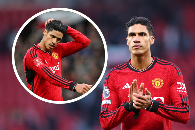 Raphael Varane applauds, inset, Raphael Varane with head in his hand