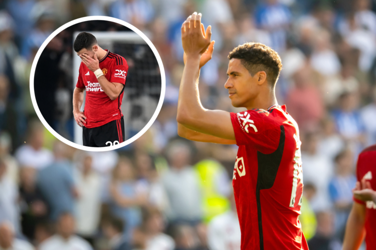 Raphael Varane applauds Manchester United fans at his last Premier League game. Inset, Diogo Dalot upset