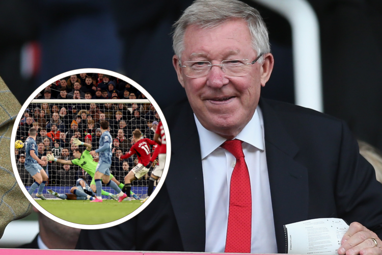 Sir Alex Ferguson watches from the stands, inset, Aston Villa take on Manchester United and concede a goal