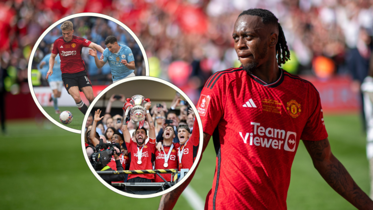 Aaron Wan-Bissaka at Wembley. Inset, Rasmus Hojlund dribbles the ball away from Julian Alvarez, inset, Bruno Fernandes lifts FA Cup trophy