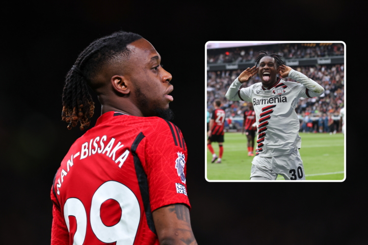 Aaron Wan-Bissaka in a Manchester United shirt. Inset, Denzel Dumfries celebrates for Leverkusen and cups his hands to his ears