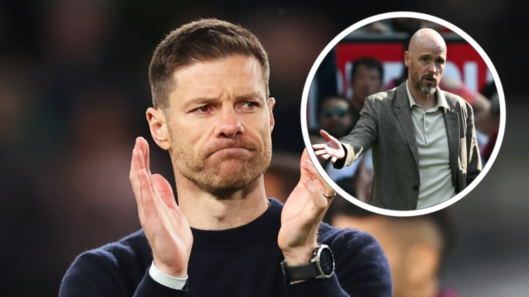 Xabi Alonso looks upset, inset, Erik ten Hag gestures