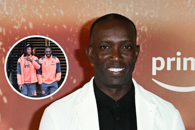 Dwight Yorke 2024 headshot, smiling. Inset, Crystal Palace duo Eberechi Eze and Michael Olise talk, wearing club tracksuits