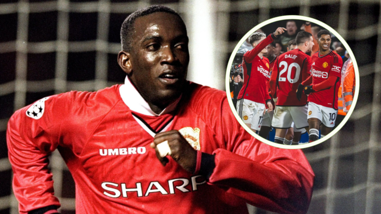 Dwight Yorke celebrates Manchester United goal in 1999. Inset, Alejandro Garnacho, Diogo Dalot, Marcus Rashford celebrate goal in 2024