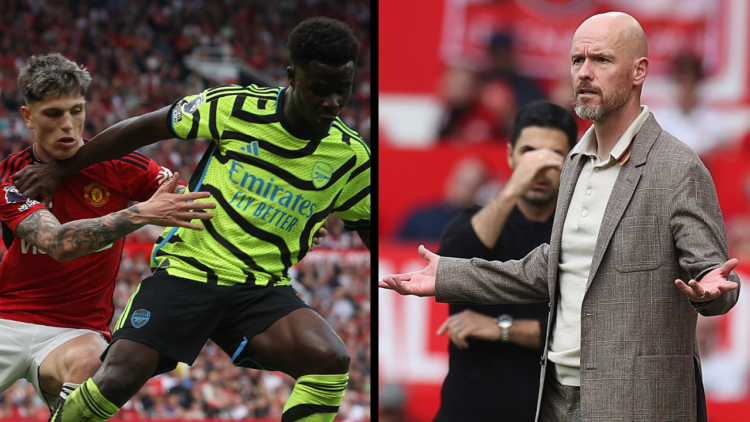 Manchester United winger Alejandro Garnacho in action with Arsenal star Bukayo Saka during the Premier League match at Old Trafford, including a si...