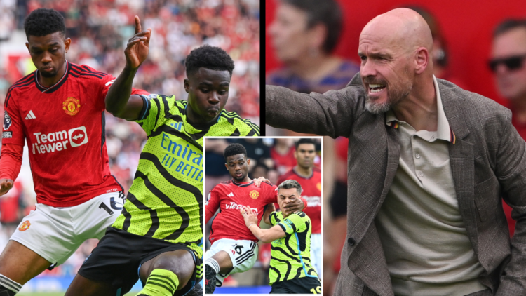 Manchester United winger Amad Diallo against Arsenal star Bukayo Saka in the Premier League clash at Old Trafford. Erik ten Hag, meanwhile, is feat...