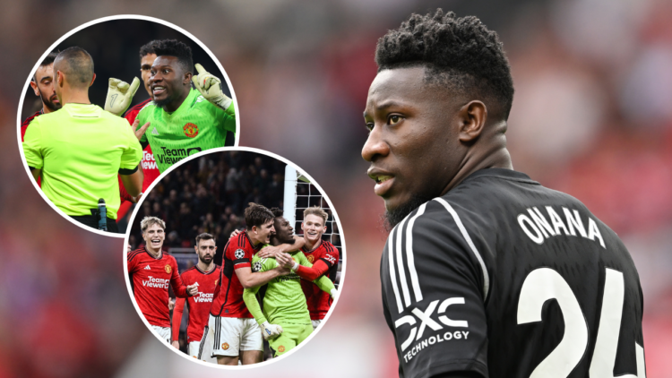 Andre Onana of Manchester United looks on during the Premier League match between Manchester United and Arsenal at Old Trafford. Overlaying images ...