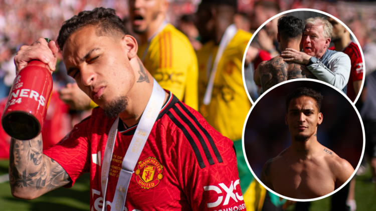 Antony and Altay Bayindir of Manchester United celebrate winning the Emirates FA Cup final match between Manchester City and Manchester United at W...