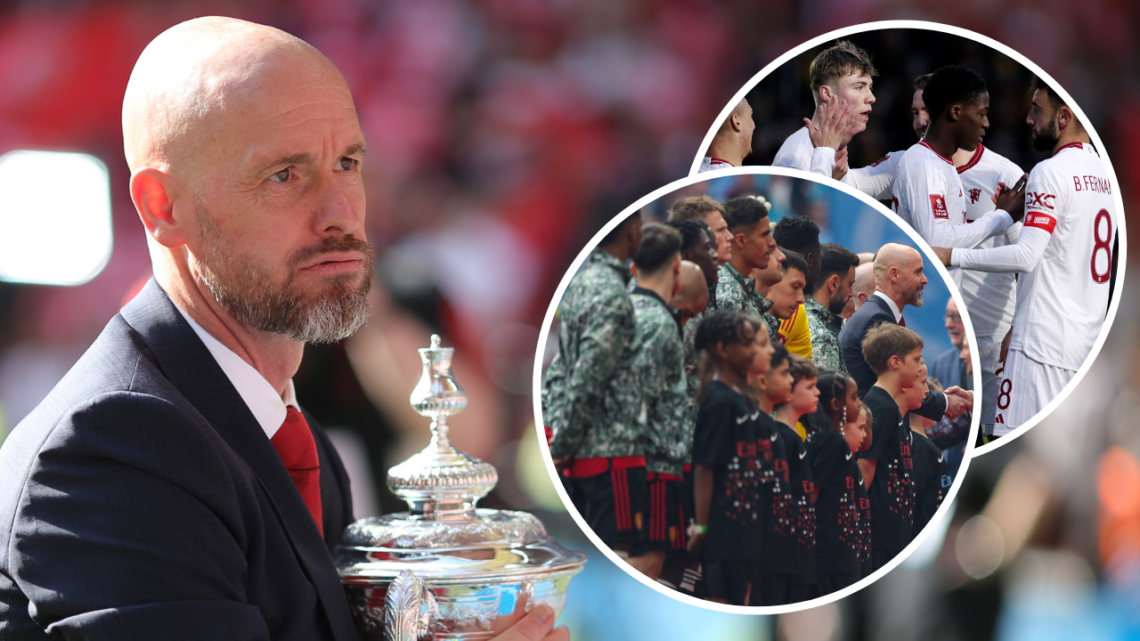 Erik ten Hag, manager of Manchester United, celebrates with the trophy after winning the Emirates FA Cup final match between Manchester City and Ma...