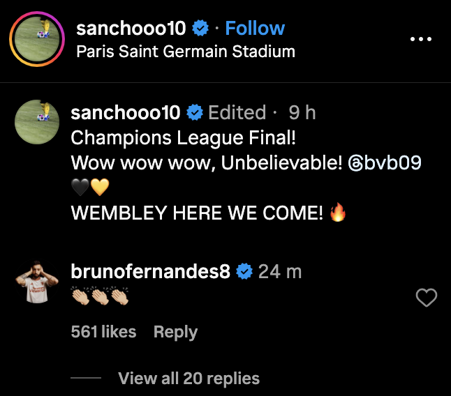 Manchester United captain Bruno Fernandes reacted to a post from Borussia Dortmund winger Jadon Sancho. Credit: Instagram