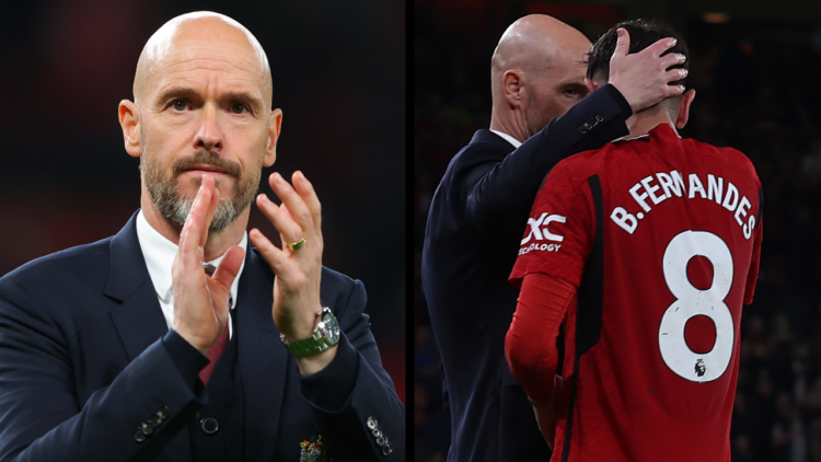 MANCHESTER, ENGLAND - MAY 15: Manager Erik ten Hag of Manchester United speaks to Bruno Fernandes during the Premier League match between Mancheste...