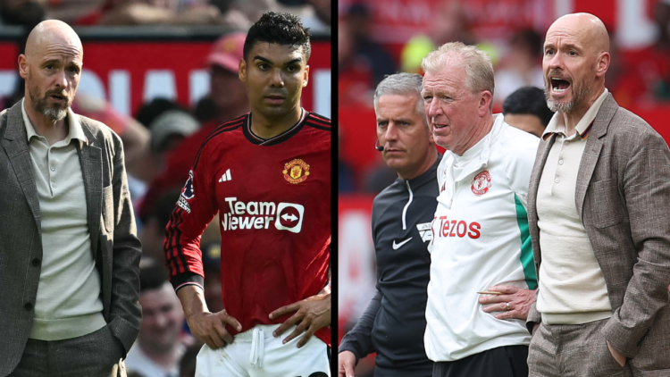 Manchester United manager Erik ten Hag alongside midfielder Casemiro during the Arsenal match at Old Trafford, including a side-by-side image of th...