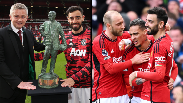 Antony of Manchester United celebrates scoring with teammates Bruno Fernandes and Christian Eriksen during the Premier League match between Manches...