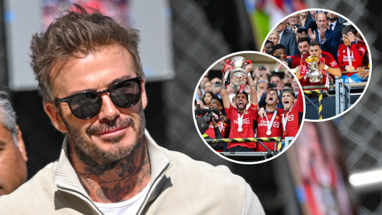 David Beckham is seen on May 08, 2024, in Los Angeles, California. The Manchester United legend is the main header in a photo featuring overlay ima...