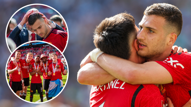 Manchester United's Diogo Dalot hugs Lisandro Martinez after the Emirates FA Cup final match between Manchester City and Manchester United at Wembl...