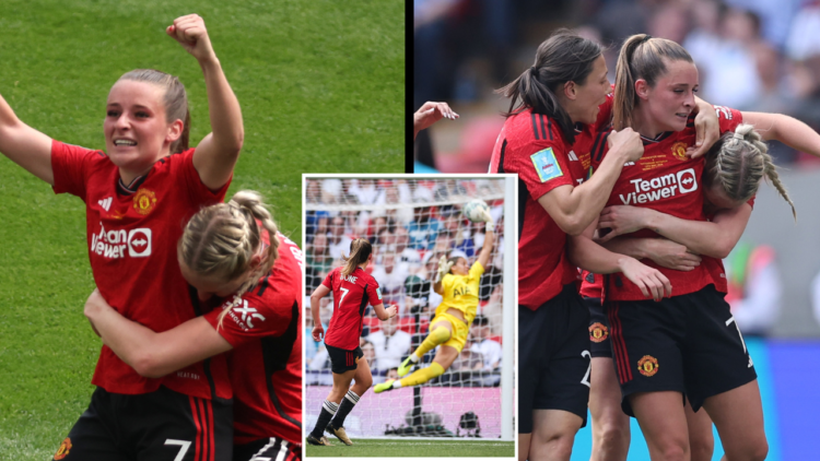 Ella Toone alongside Manchester United Women teammate Maya Le Tissier in the Women’s FA Cup final match against Tottenham Women at Wembley Stadium....