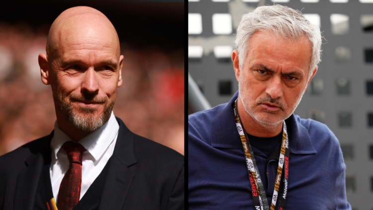 Erik ten Hag during the Manchester United vs Coventry City match in the FA Cup semi-final at Wembley in April, featuring a side-by-side image of fo...