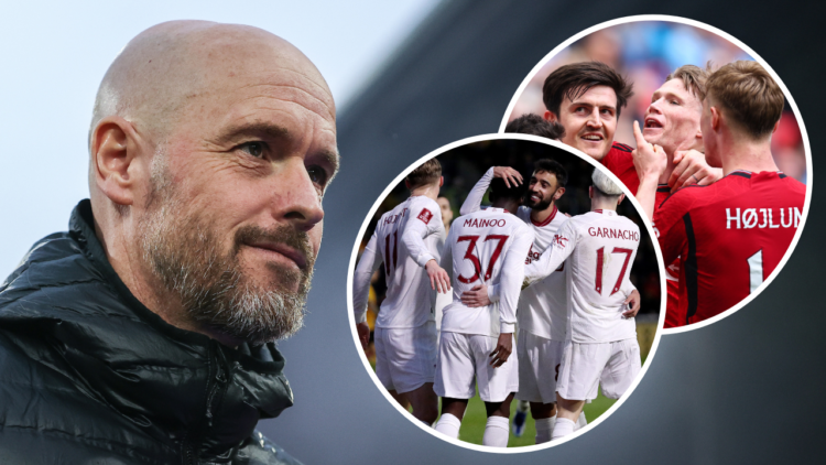 Manchester United manager Erik ten Hag looks on during the Premier League match between Crystal Palace at Selhurst Park, including overlay images f...