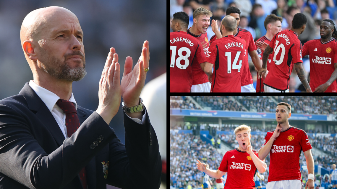 Manager Erik ten Hag of Manchester United applauds the fans after the Premier League match between Brighton and Hove Albion and Manchester United a...