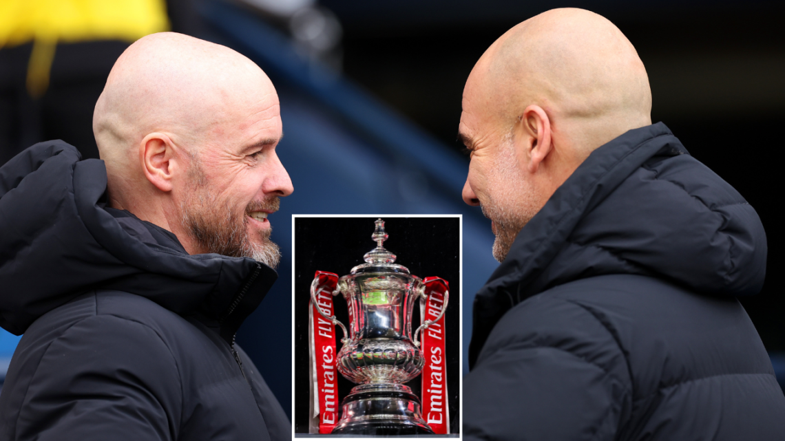 Erik ten Hag, manager of Manchester United, and Pep Guardiola, manager of Manchester City, interact prior to kick-off ahead of the Premier League m...