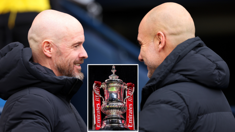 Erik ten Hag, manager of Manchester United, and Pep Guardiola, manager of Manchester City, interact prior to kick-off ahead of the Premier League m...