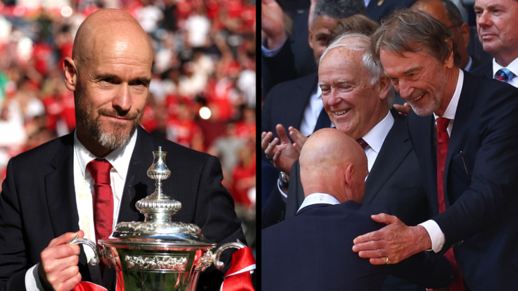Erik ten Hag, manager of Manchester United, poses for a photograph with the Emirates FA Cup trophy after his team's victory in the Emirates FA Cup ...