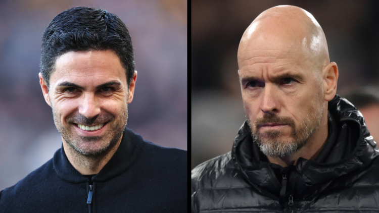 Erik ten Hag during the Premier League match between Crystal Palace and Manchester United at Selhurst Park, including a side-by-side image of Arsen...