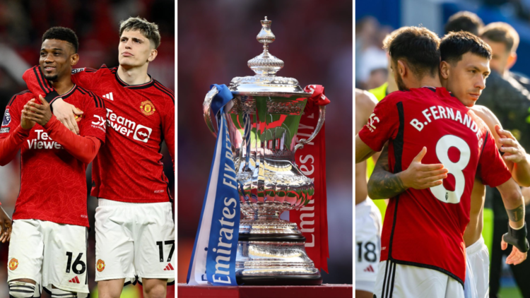 Left, Alejandro Garnacho and Amad Diallo stand post match at Old Trafford, middle, FA Cup trophy, right, Bruno Fernandes and Lisandro Martinez embr...