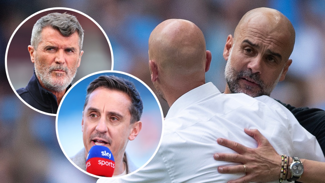 Manchester City manager Pep Guardiola embraces Erik ten Hag, Manchester United manager, after the Emirates FA Cup final between Manchester City and...