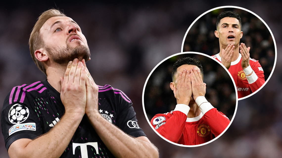Harry Kane of Bayern Munich lamenting after losing during the second-leg UEFA Champions League football match between Real Madrid and Bayern Munich...