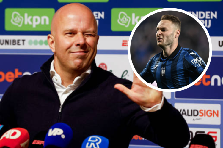 Arne Slot speaks at a Feyenoord press conference, inset, Teun Koopmeiners celebrates scoring for Atalanta