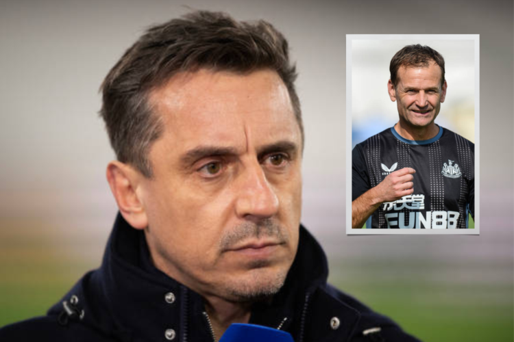 Gary Neville headshot. Inset, Dan Ashworth wearing a Newcastle United training kit