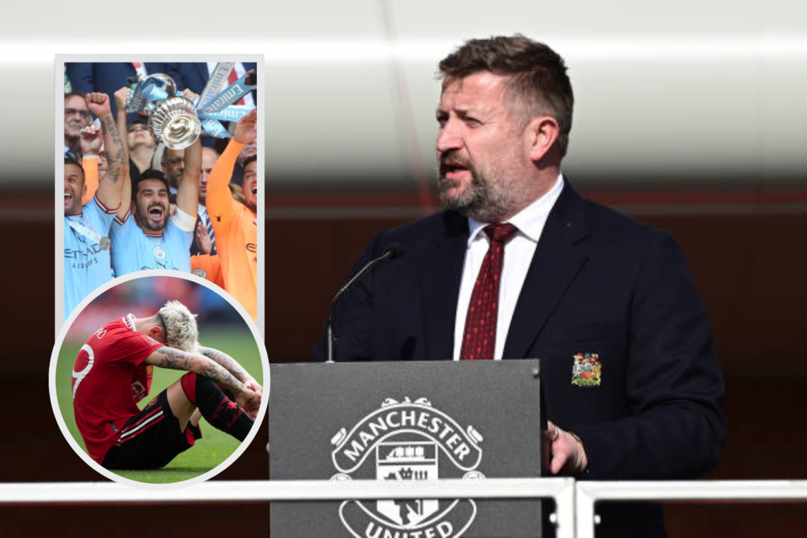 Richard Arnold speaks at a Manchester United platform. Inset, Manchester City players lift the 2023 FA Cup, inset, Alejandro Garnacho slumps to the...
