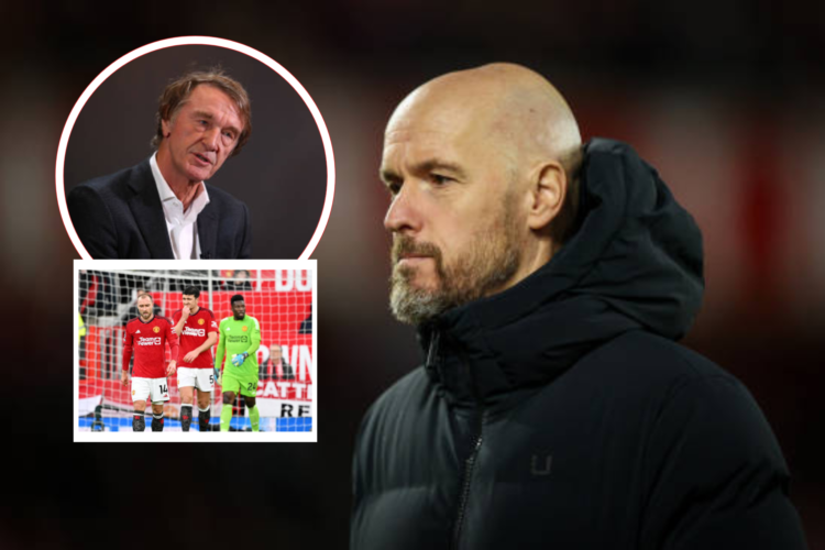 Erik ten Hag looks on at full-time, Sir Jim Ratcliffe speaks at a press conference inset. Inset, United's players walk off after conceding a goal