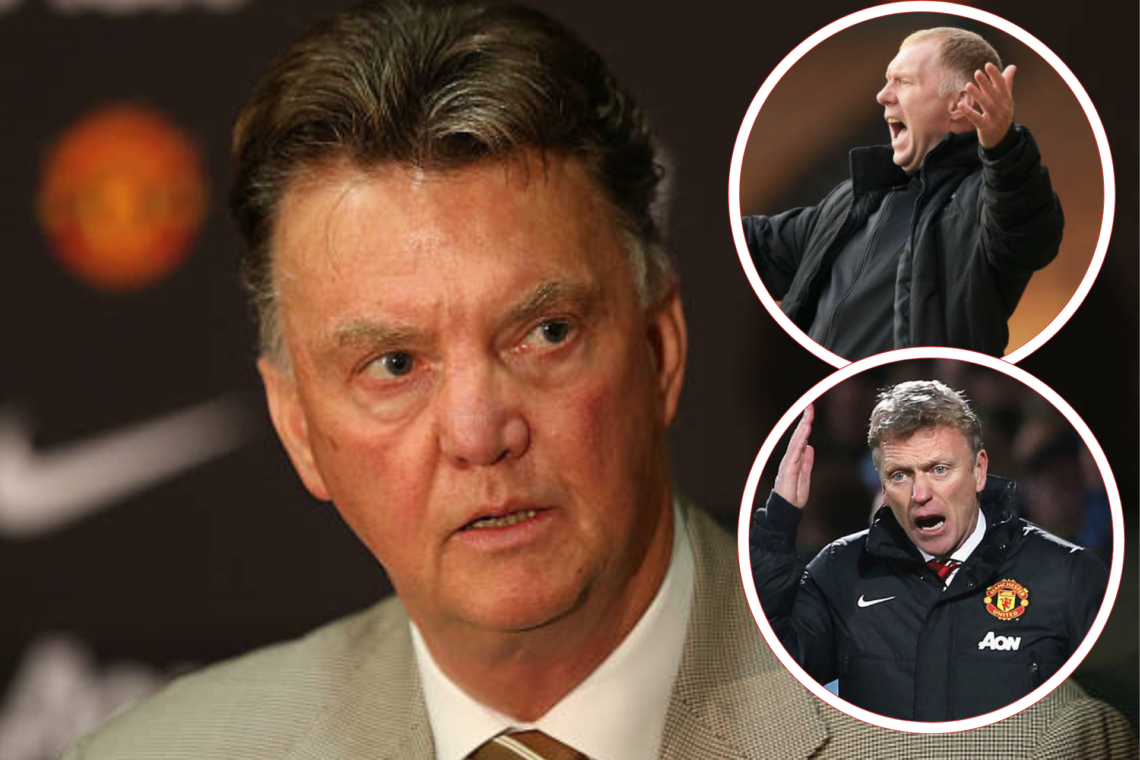 Louis van Gaal speaks at a Manchester United press conference. Two insets, Paul Scholes and David Moyes gesture animatedly