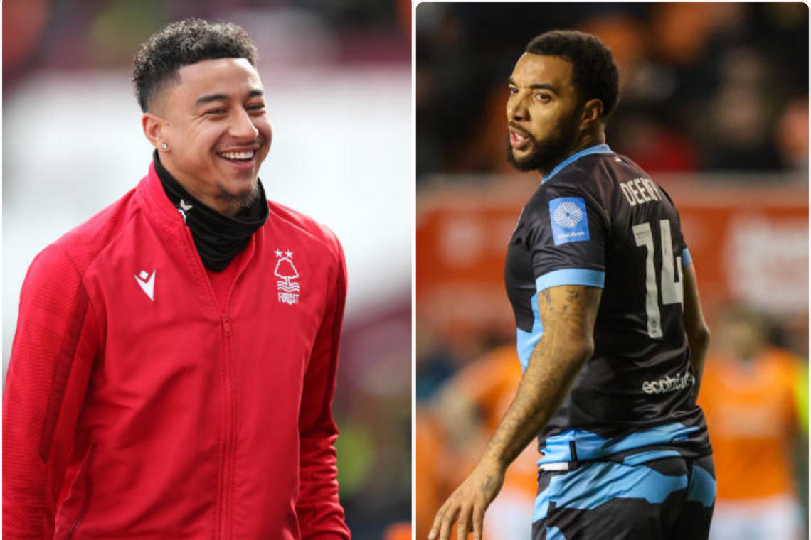 Split image of Jesse Lingard and Troy Deeney playing football