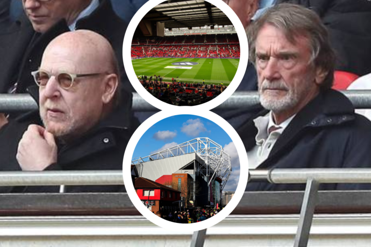 Sir Jim Ratcliffe and Avram Glazer at Wembley, inset, two images of Old Trafford, one interior, one exterior