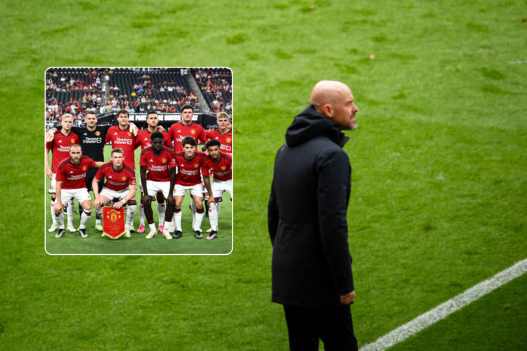 Erik ten Hag pitch side for Manchester United. Inset, United XI line up for pre-season game in the USA