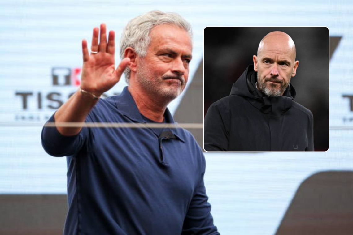 Jose Mourinho waves to the camera, Erik ten Hag inset