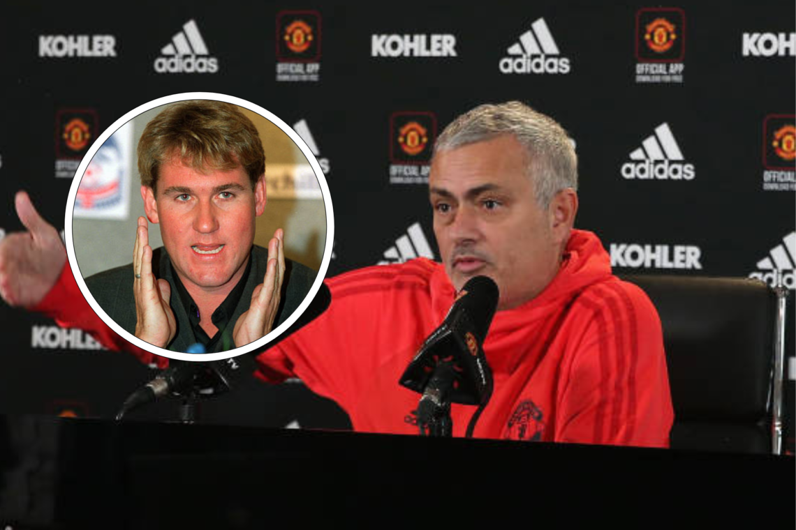 Jose Mourinho speaks with his arm outstretched at a Manchester United press conference in 2018, inset, Simon Jordan headshot
