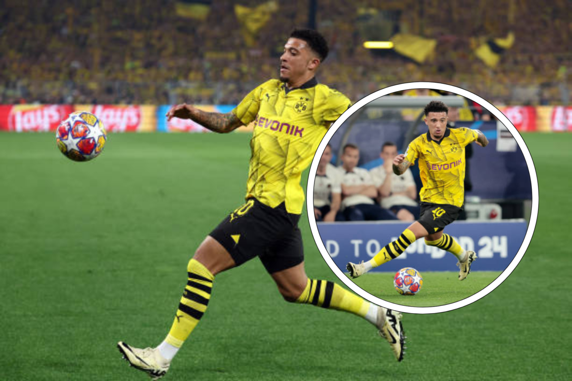 Jadon Sancho chasing the ball for Dortmund, inset, dribbling with the ball for Dortmund