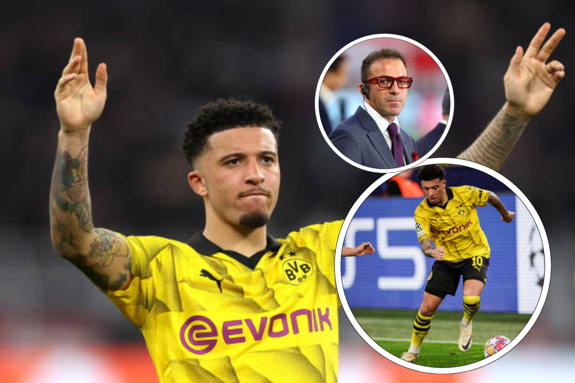 Jadon Sancho applauds the crowd after Champions League semi final first leg. Inset, Sancho dribbles with the ball for Dortmund, small inset, Alessa...
