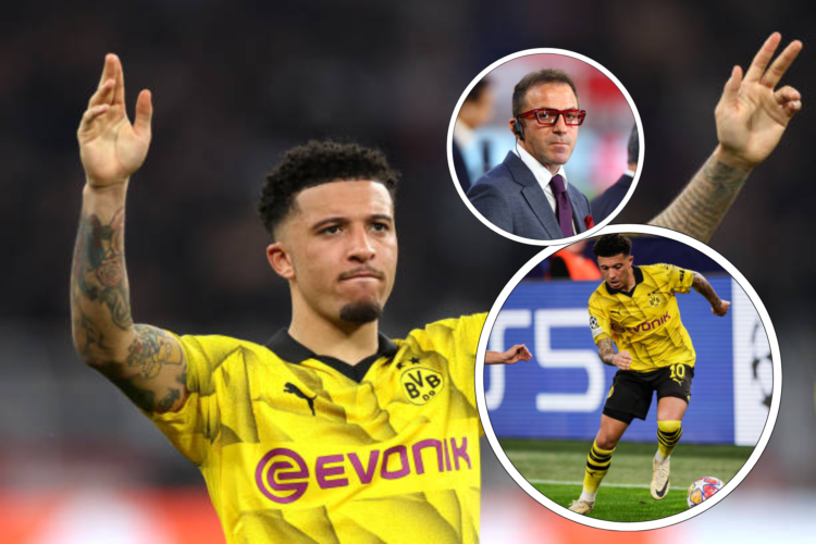 Jadon Sancho applauds the crowd after Champions League semi final first leg. Inset, Sancho dribbles with the ball for Dortmund, small inset, Alessa...