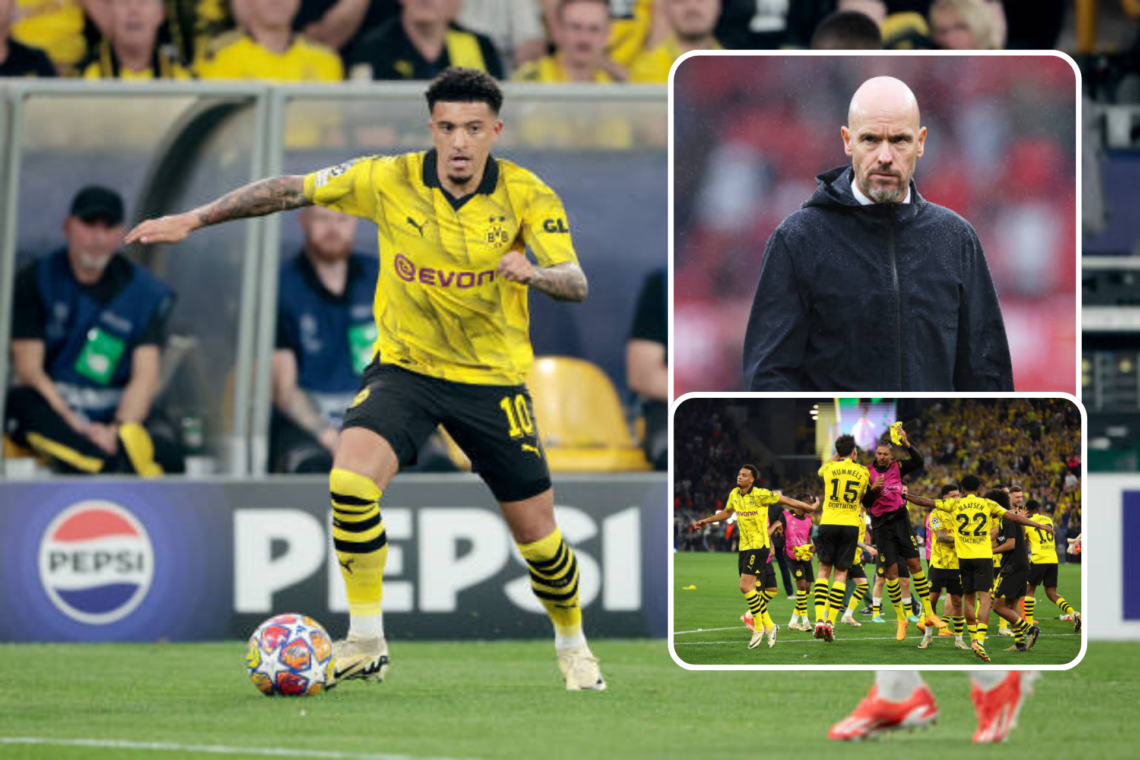 Jadon Sancho dribbles the ball for Borussia Dortmund, small inset, Dortmund players celebrate, bigger inset, Erik ten Hag looks on angrily