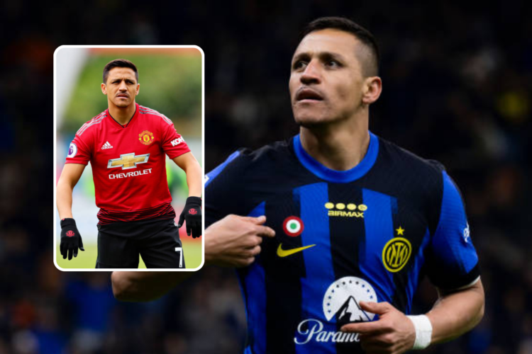 Alexis Sanchez in action for Inter Milan, inset, playing for Manchester United