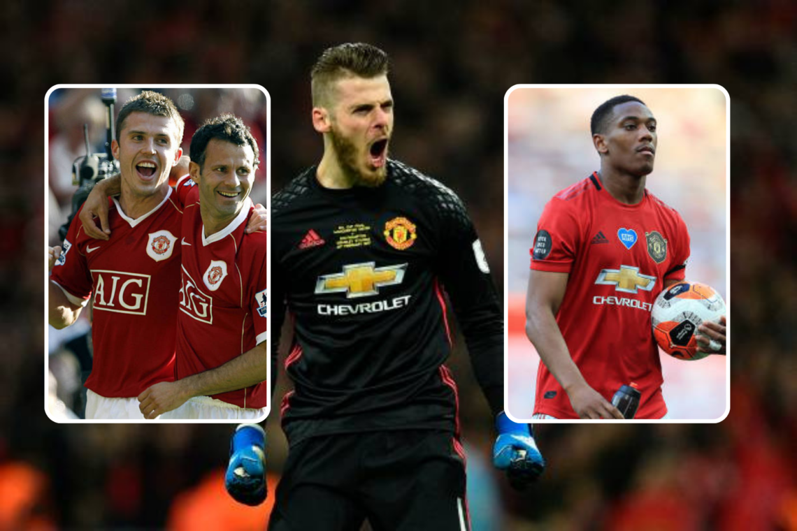 David de Gea celebrates at Wembley for Manchester United in 2018. Inset, Ryan Giggs and Michael Carrick in 2006, second inset, Anthony Martial walk...