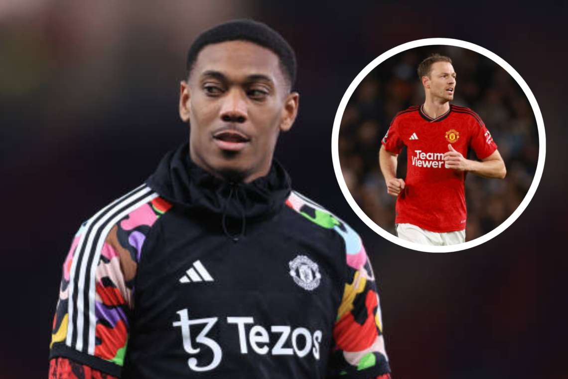 Anthony Martial pre-game, Jonny Evans in action for Manchester United inset