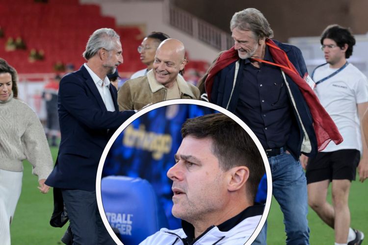 Sir Jim Ratcliffe, Sir Dave Brailsford and Jean Claude Blanc of Ineos walk on the pitch after a Monaco win, inset Mauricio Pochettino watches his C...